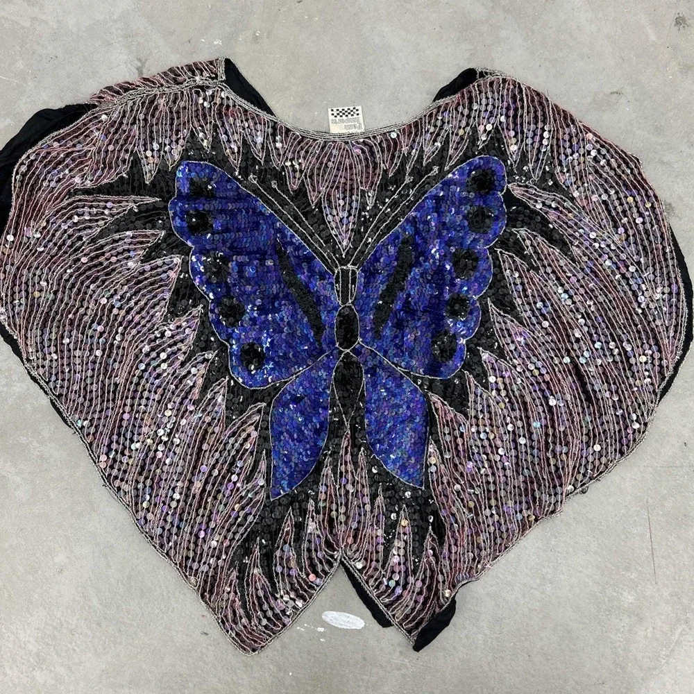 Vintage 1970s Retro Disco Boho Beaded‎ Sequin Butterfly Silk Top - Picture 5 of 9